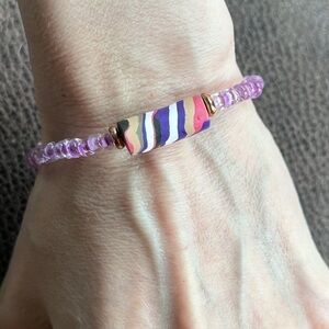 Handmade bracelet polymer clay bead purple multi colored